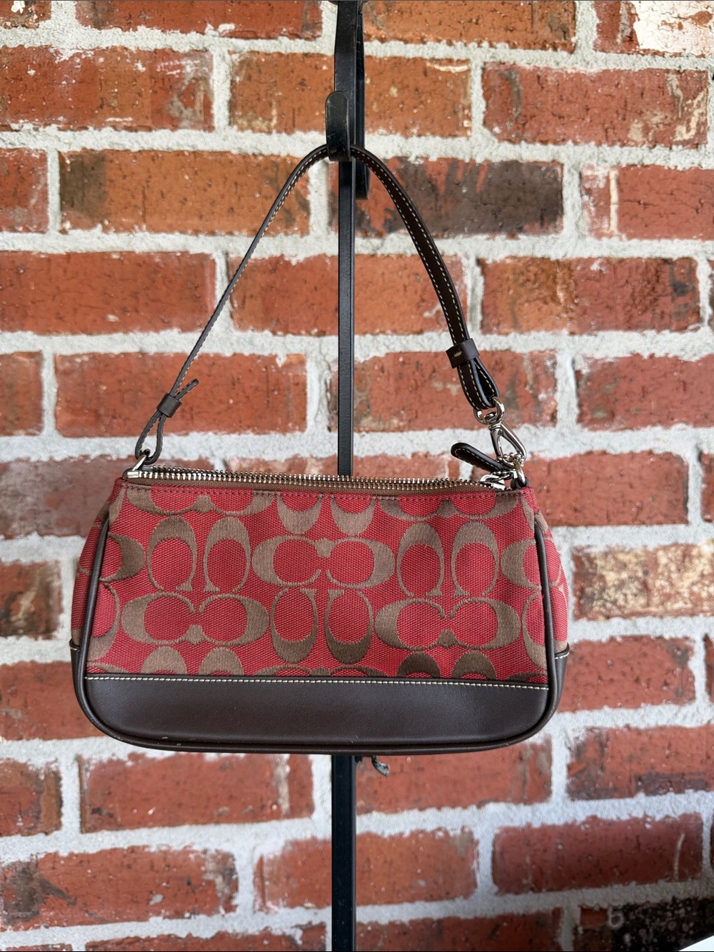 Coach Red and Brown Signature Jacquard Shoulder Bag
